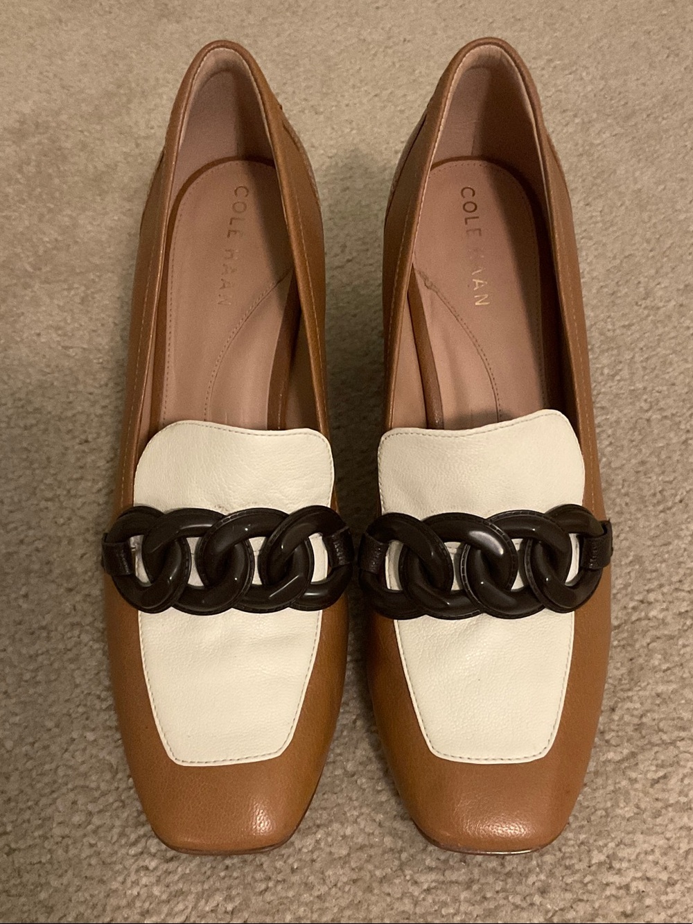 Women’s Cole Haan Two-Tone Tan and White Chain-Trim Loafers (Women’s 11)